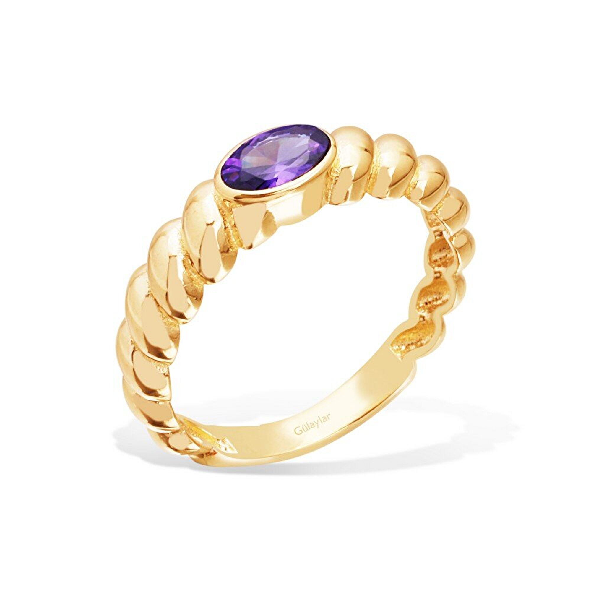 14 Ayar Sarı Altın Trend Mor Taşlı Burgu Yüzük