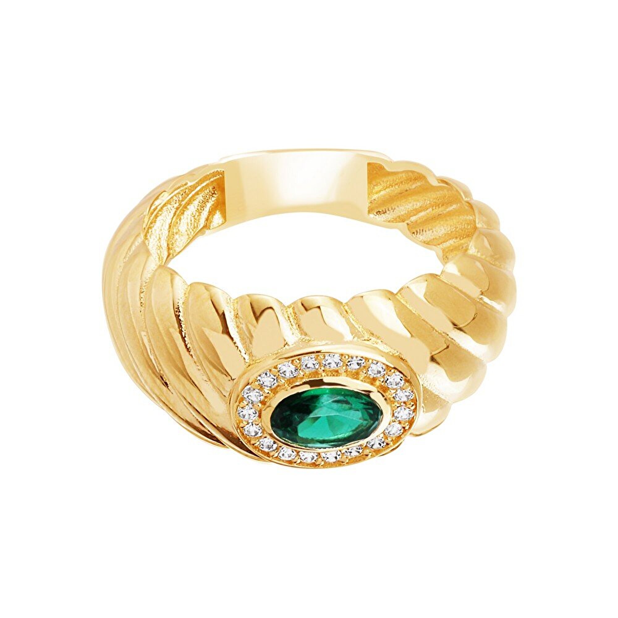 14 Ayar Sarı Altın Yeşil Taşlı Burgu Yüzük
