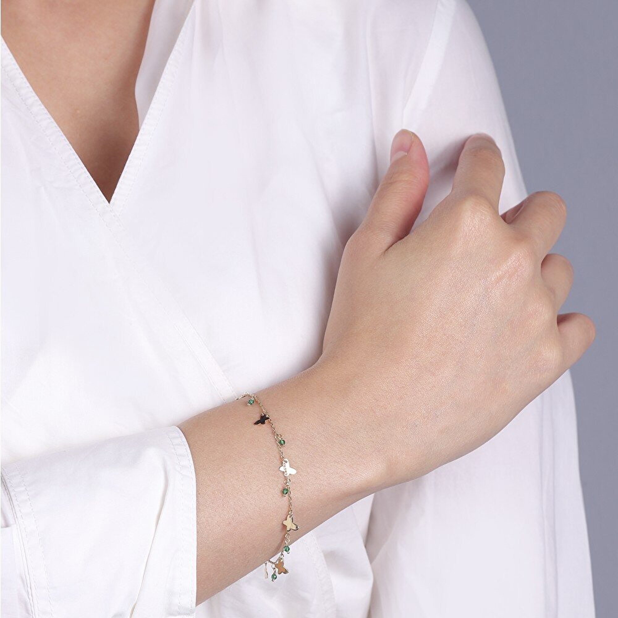 14 Ayar Sarı Altın Yeşil Taşlı Kelebek Figürlü Bileklik