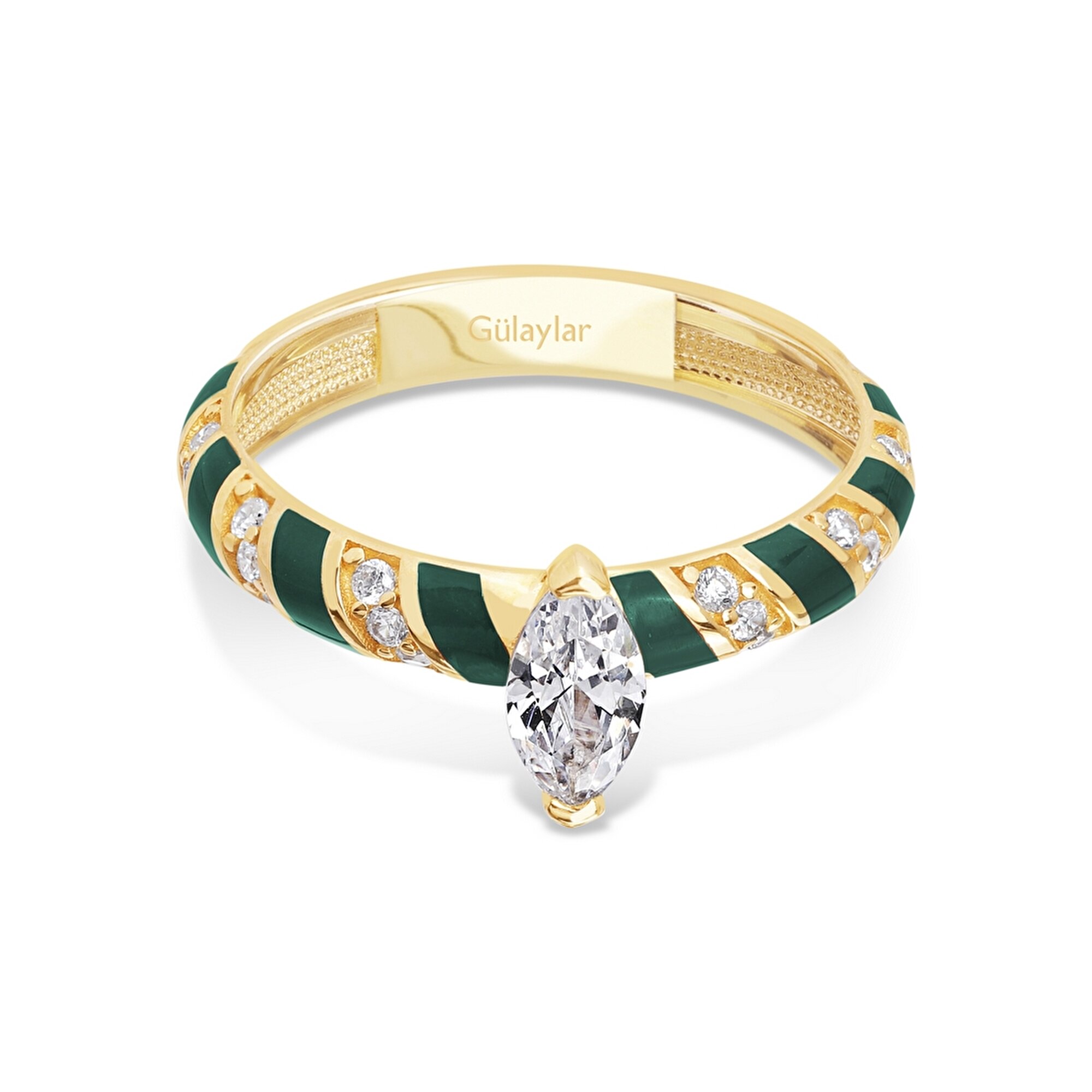 14 Ayar Sarı Altın Yeşil Mineli Yüzük