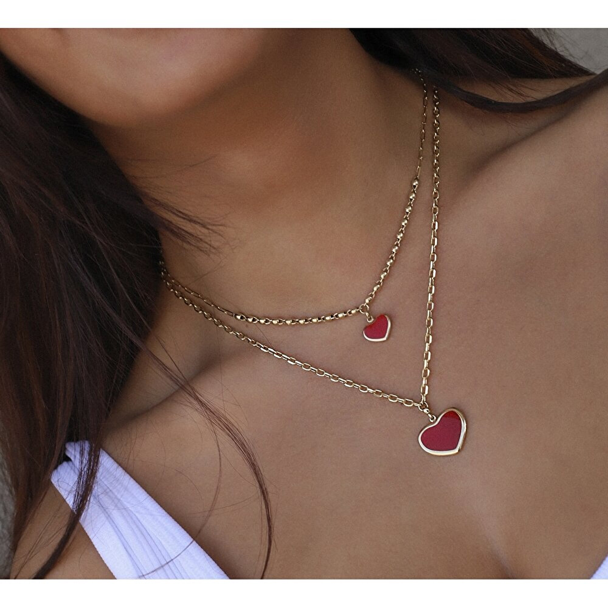 14 Ayar Sarı Altın Kırmızı Mineli Kalp Kolye