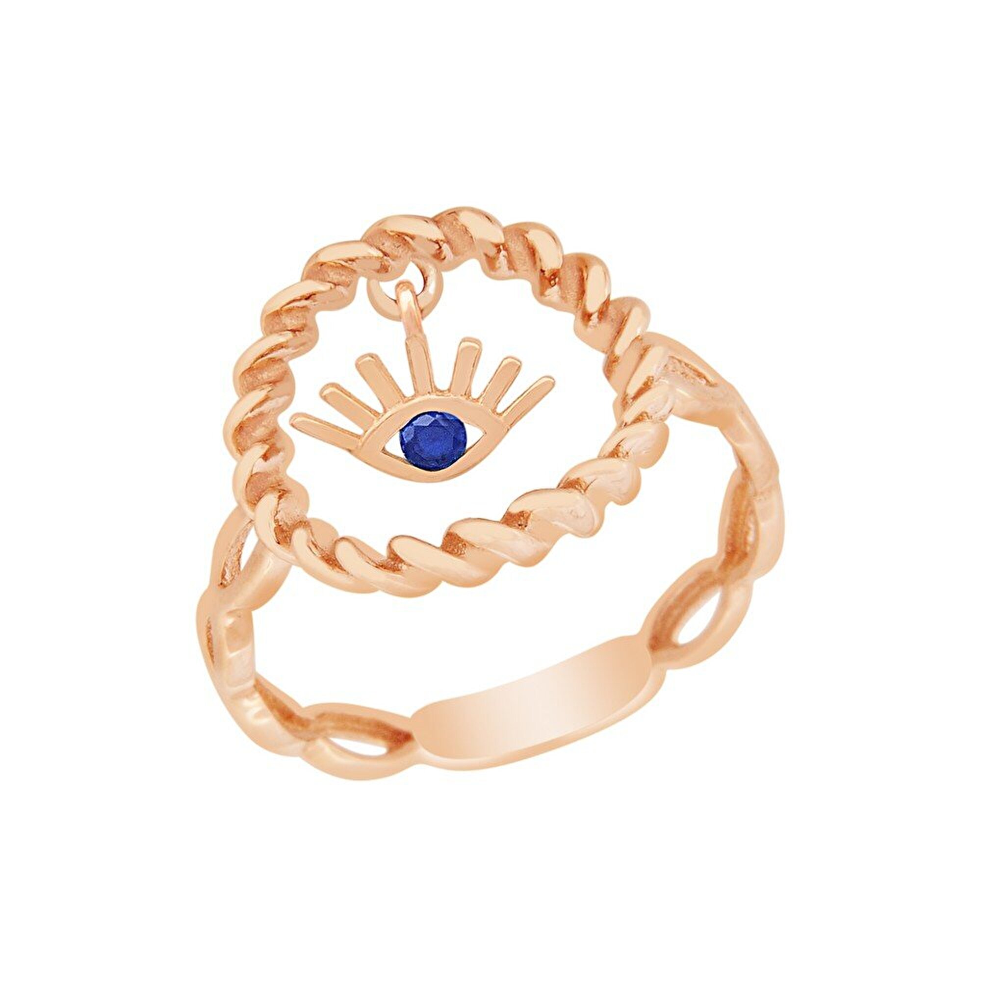 14 Ayar Rose Altın Mavi Taşlı Göz Figürlü Yüzük