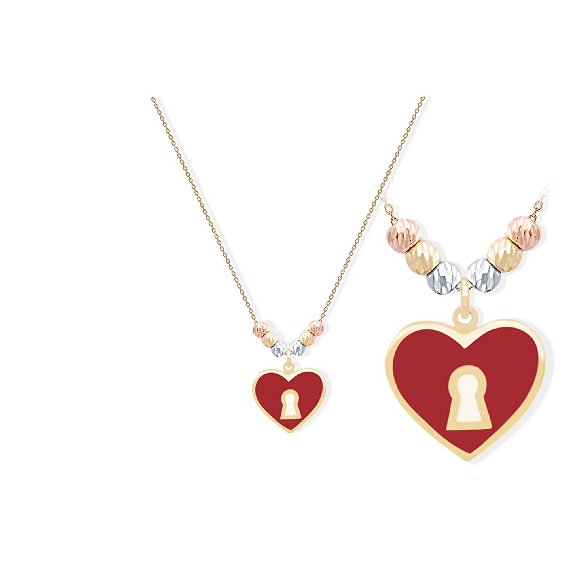 14 Ayar 3 Renkli Altın Kırmızı Mineli Kalp Figürlü Kolye