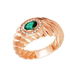 14 Ayar Rose Altın Trend Yeşil Taşlı Burgu Yüzük