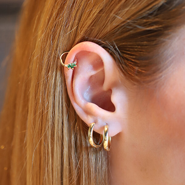 14 Ayar Sarı Altın Yeşil Taşlı Helix Piercing
