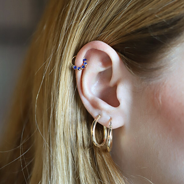 14 Ayar Sarı Altın Mavi Taşlı Helix Piercing