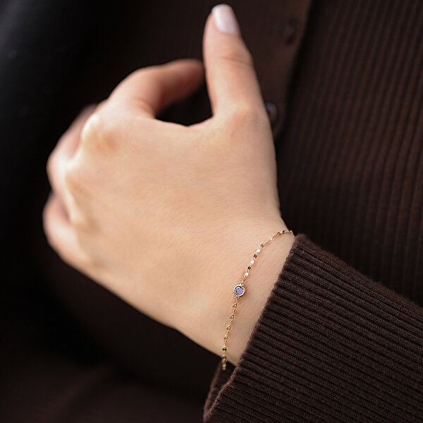 14 Ayar Sarı Altın Mor Taşlı Minimal Bileklik