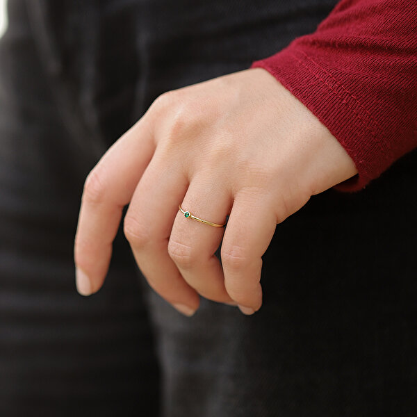 14 Ayar Sarı Altın Yeşil Taşlı Minimal Yüzük