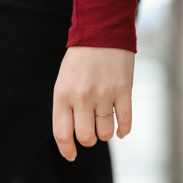 14 Ayar Sarı Altın Kırmızı Taşlı Yüzük