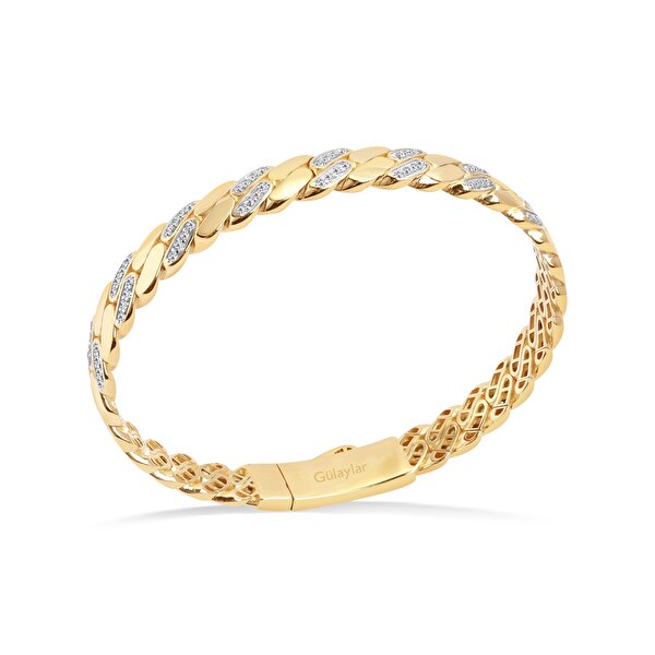 14 Ayar Sarı Altın Taşlı Kelepçe Bilezik