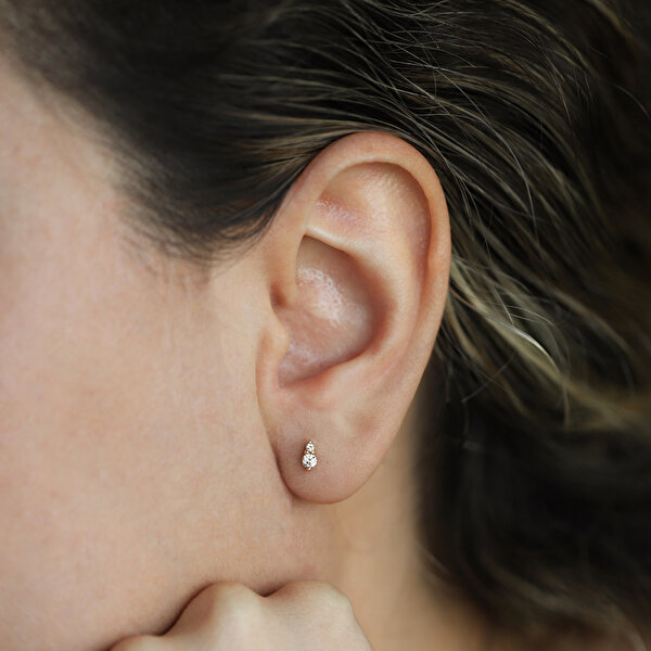 14 Ayar Sarı Altın Taşlı Minimal Küpe