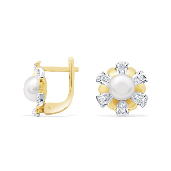 14 Ayar Sarı-Beyaz Altın İnci Küpe