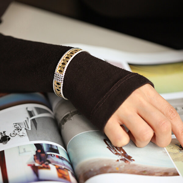 14 Ayar Sarı-Beyaz Altın Taşlı Kelepçe Bilezik