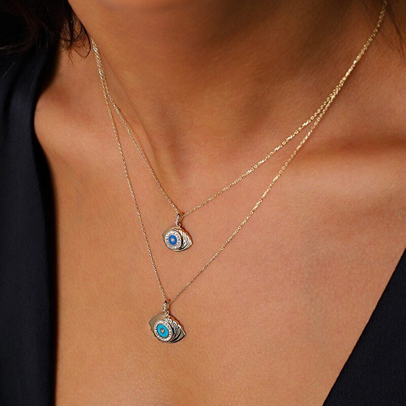 14 Ayar Sarı Altın Açık Mavi Mineli Göz Kolye