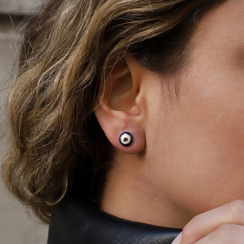 14 Ayar Sarı Altın Mavi Mineli Göz Figürlü Küpe