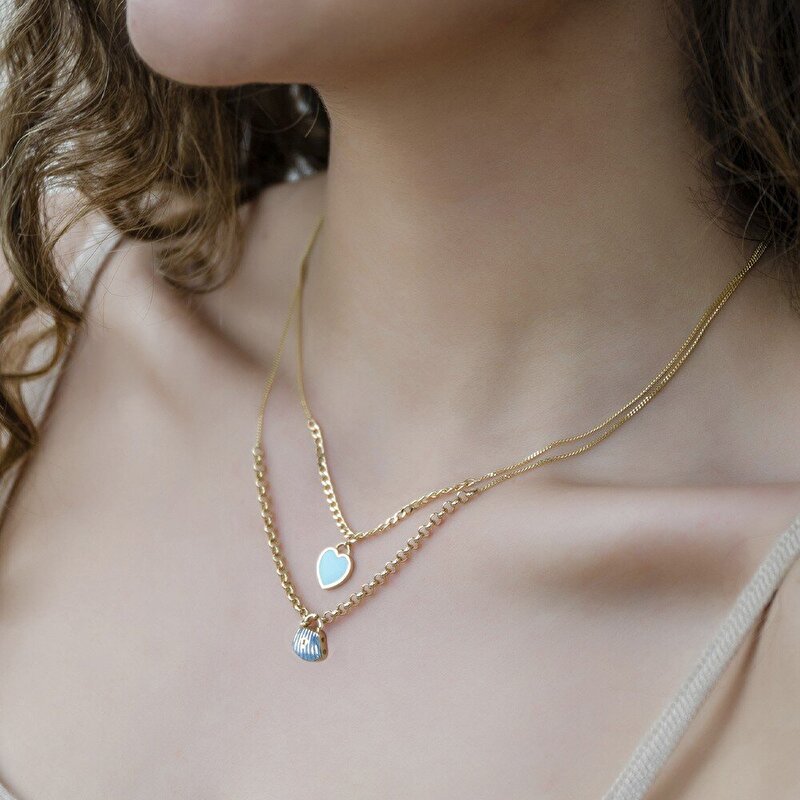 14 Ayar Sarı Altın Mavi Mineli Kalp Kolye