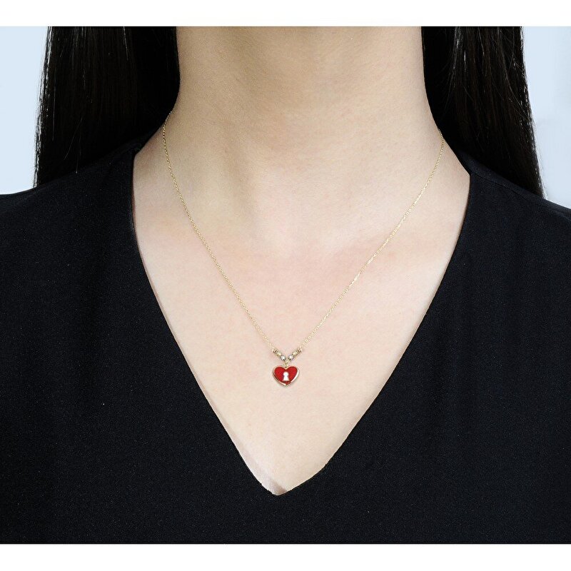 14 Ayar 3 Renkli Altın Kırmızı Mineli Kalp Figürlü Kolye