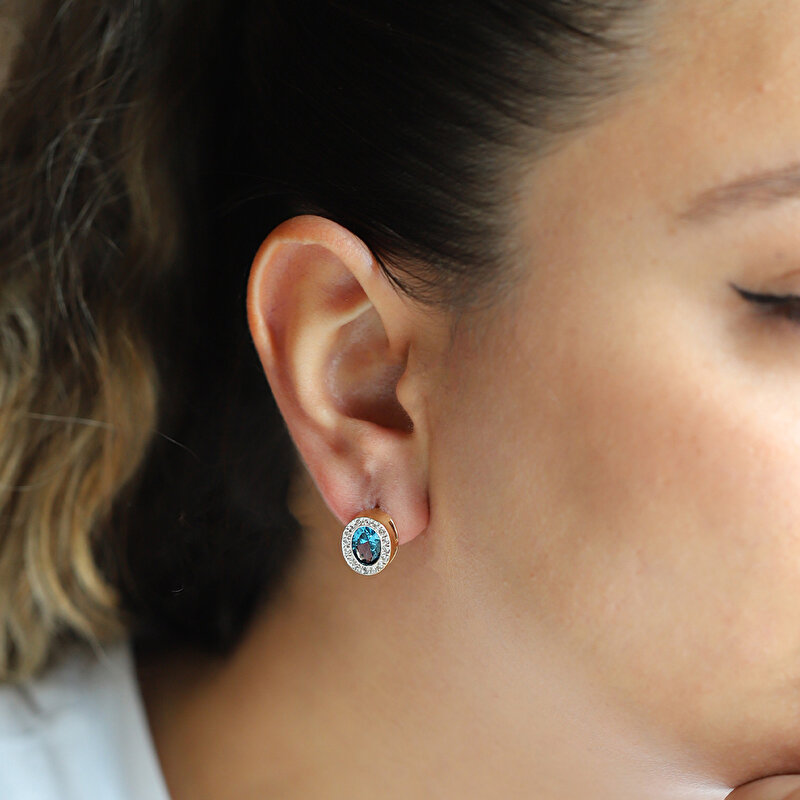 14 Ayar Beyaz Altın Mavi Taşlı J Küpe