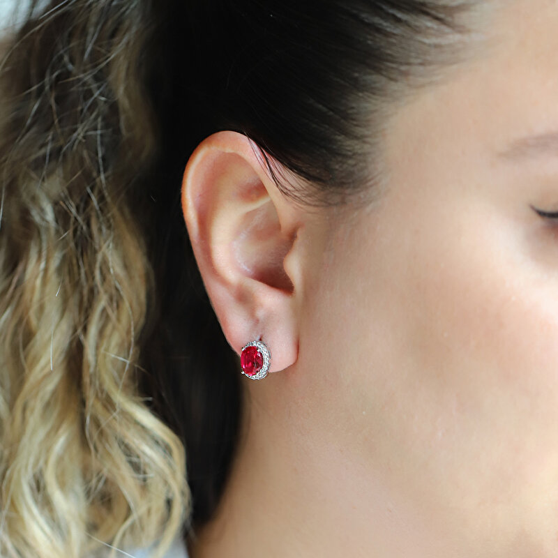 14 Ayar Beyaz Altın Pembe Taşlı Küpe