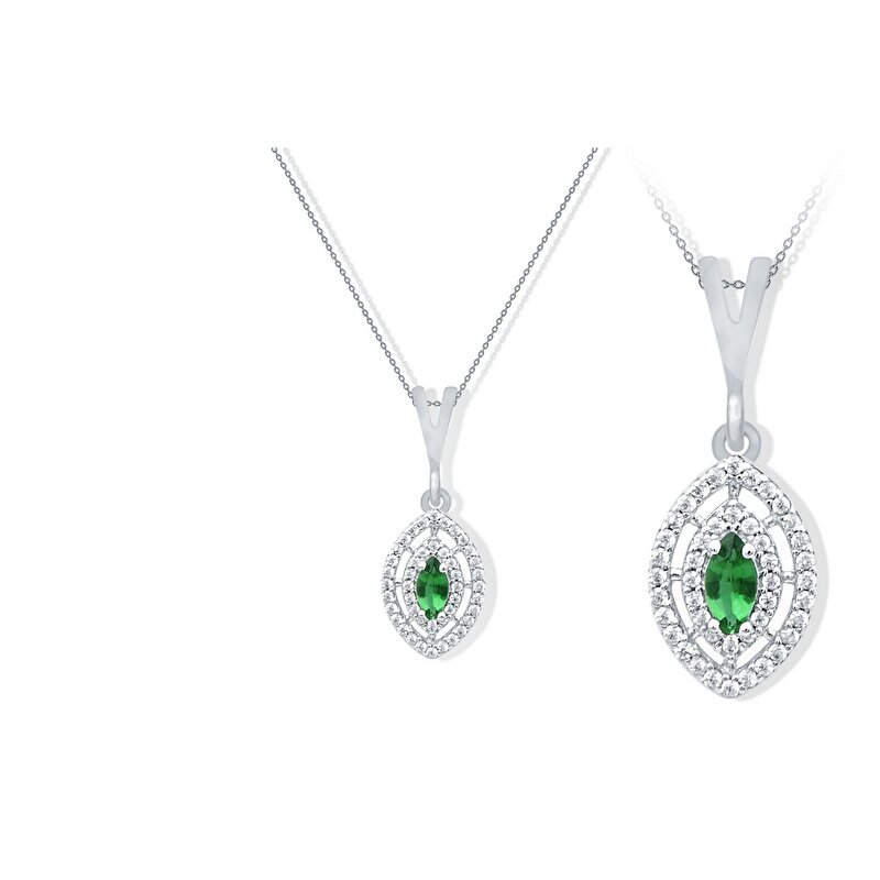 14 Ayar Beyaz Altın Yeşil Taşlı Kolye