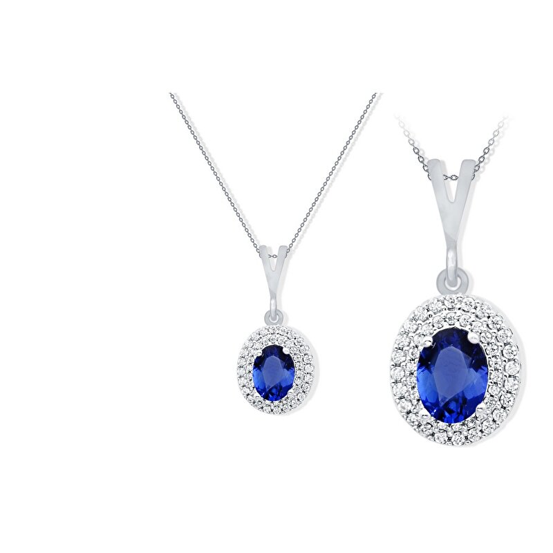 14 Ayar Beyaz Altın Mavi Taşlı Kolye