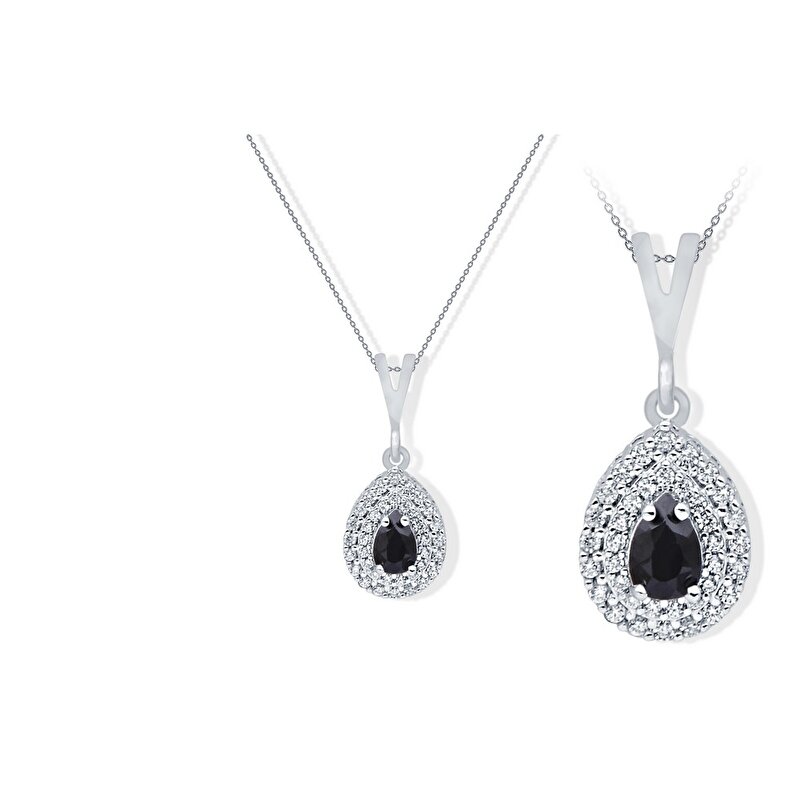 14 Ayar Beyaz Altın Siyah Taşlı Kolye