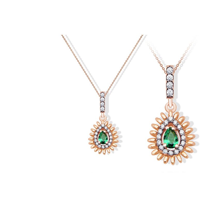 14 Ayar Rose Altın Trend Yeşil Taşlı Kolye