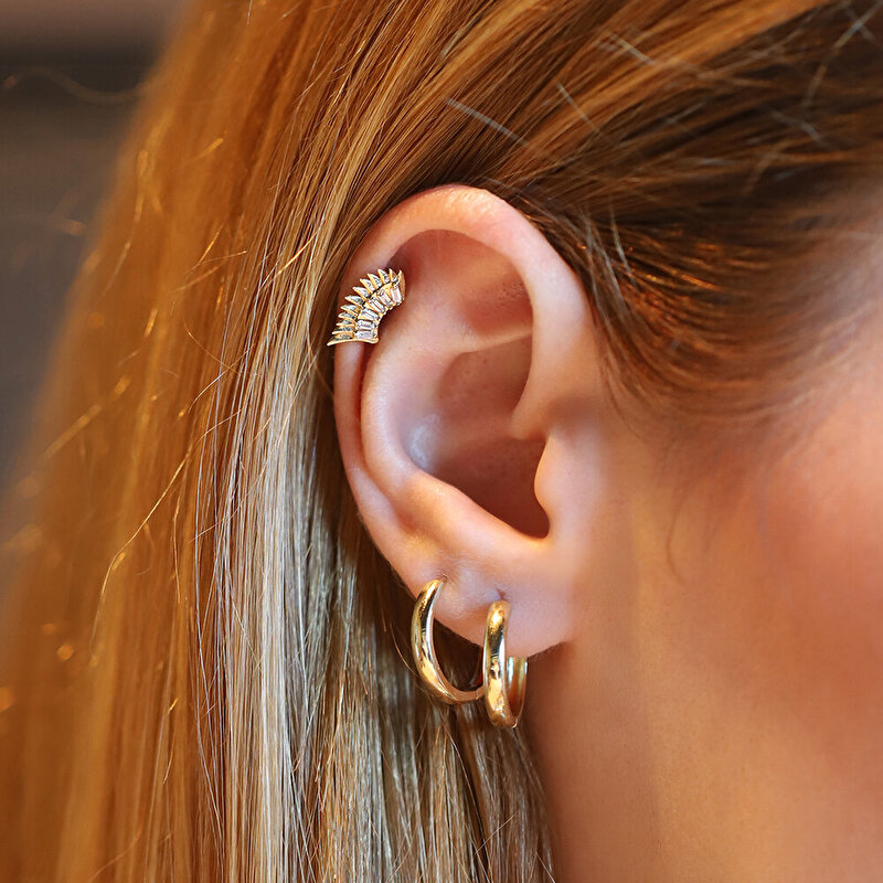 14 Ayar Sarı Altın Baget Taşlı Tragus Piercing