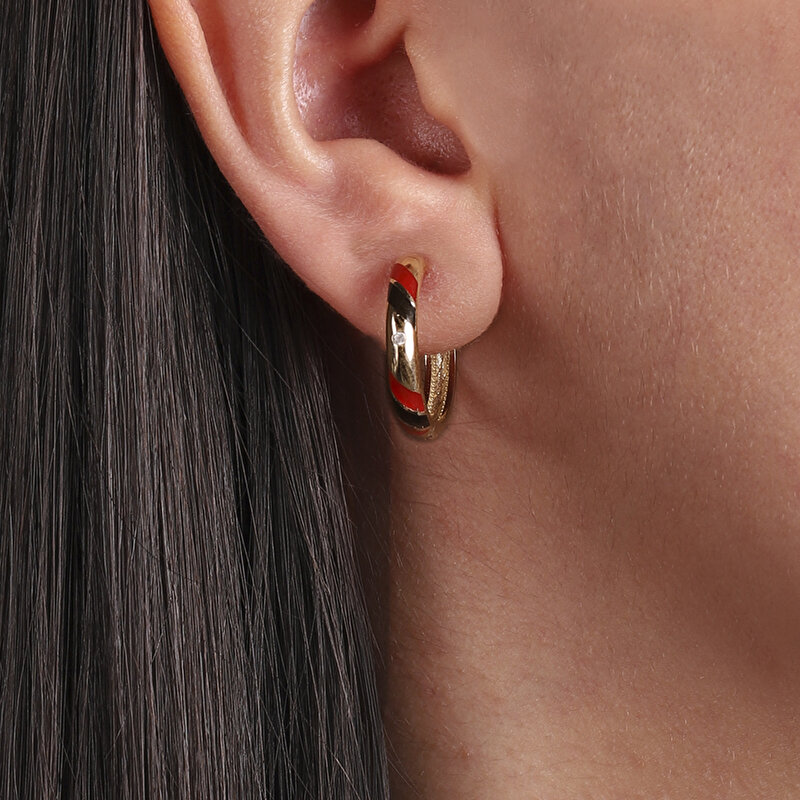 14 Ayar Sarı Altın Kırmızı Mineli Halka Küpe