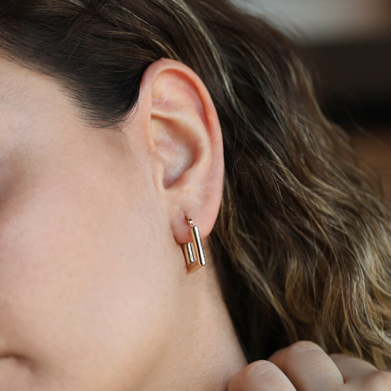 14 Ayar Sarı Altın Kare Halka Küpe