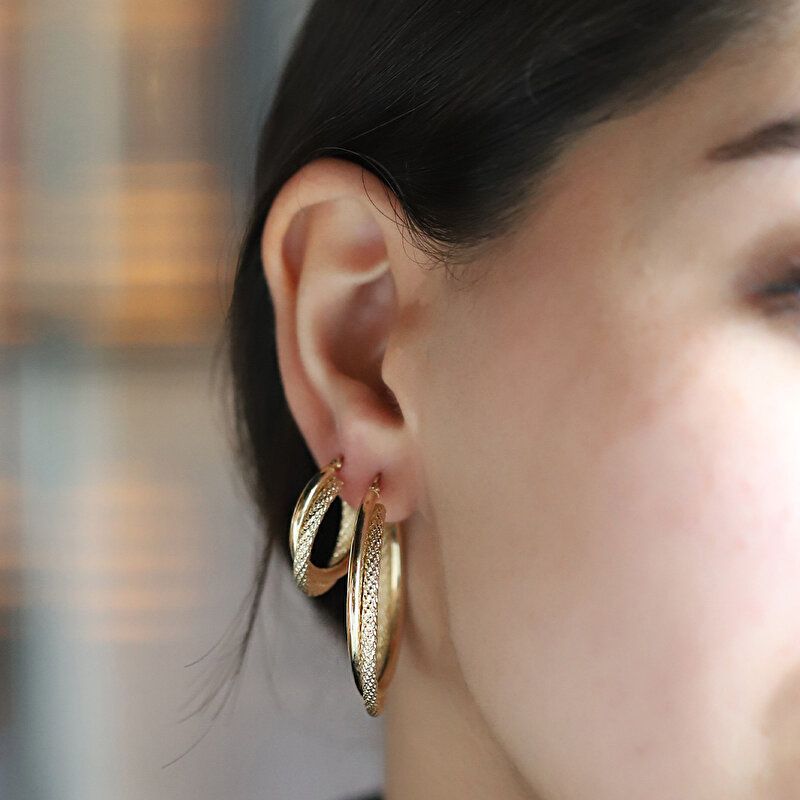 14 Ayar Sarı Altın Balık Sırtı İkili Halka Küpe