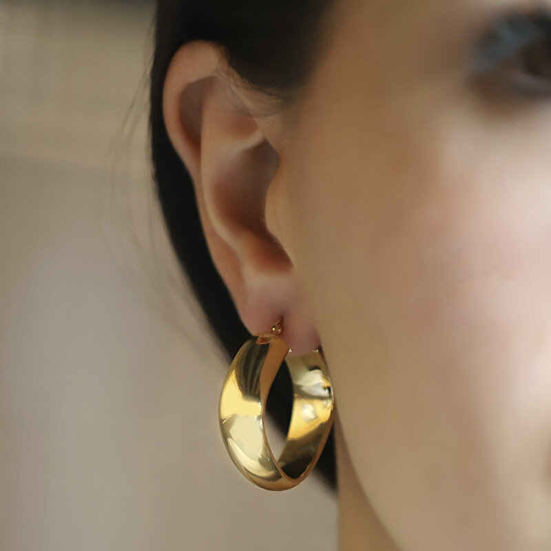 14 Ayar Sarı Altın Oval Kalın Halka Küpe