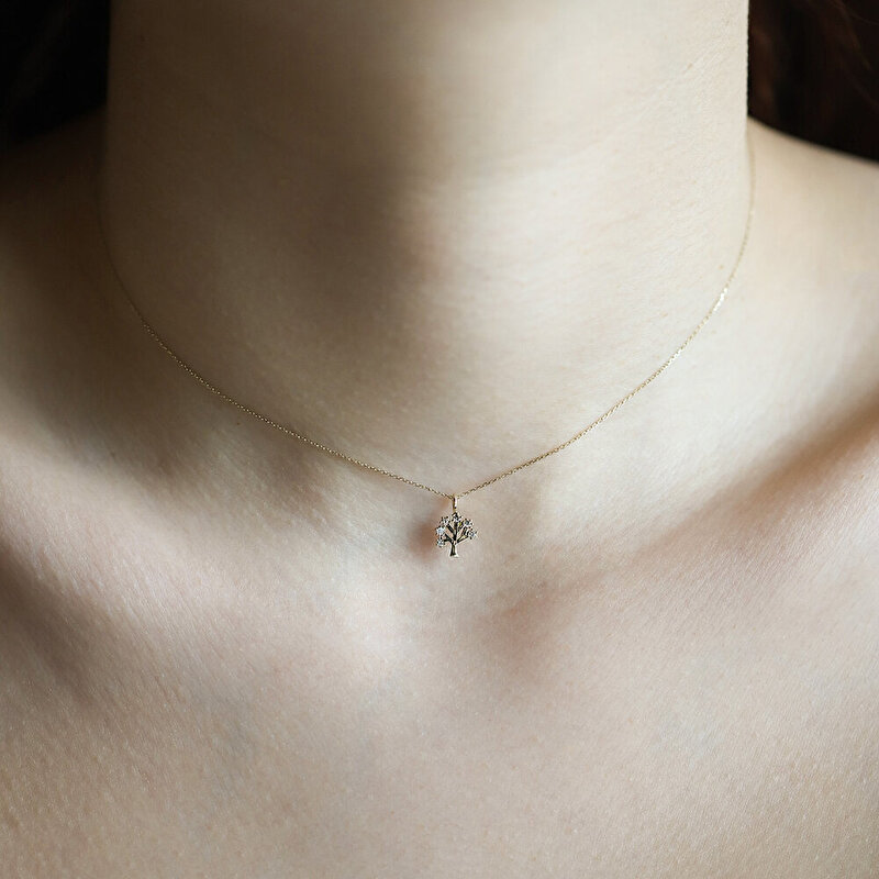 14 Ayar Sarı Altın Minimal Hayat Ağacı Kolye