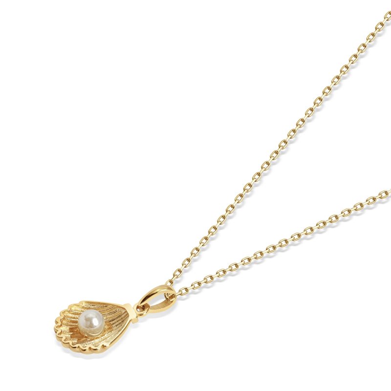14 Ayar Sarı Altın İnci İstiridye Kolye