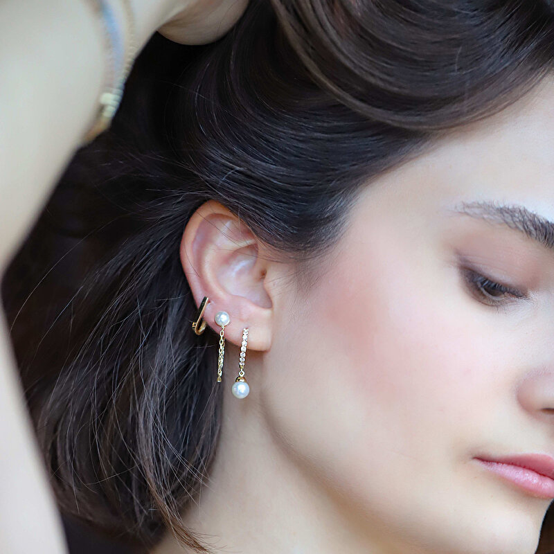 14 Ayar Sarı Altın İnci Küpe