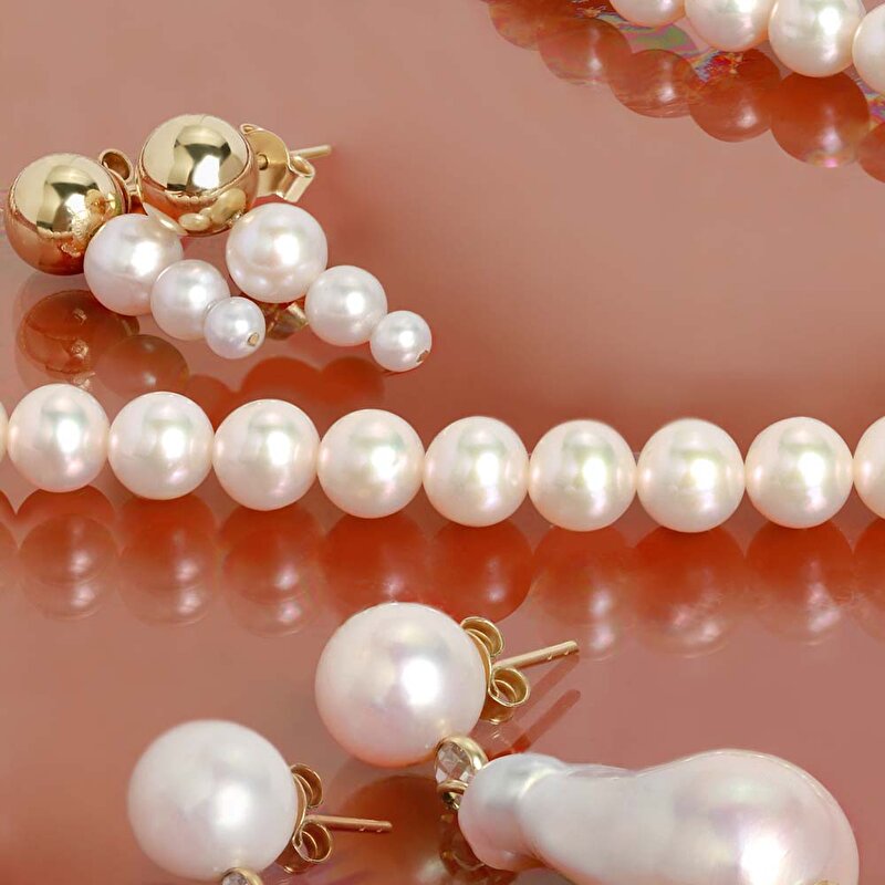 14 Ayar Sarı Altın İnci Küpe