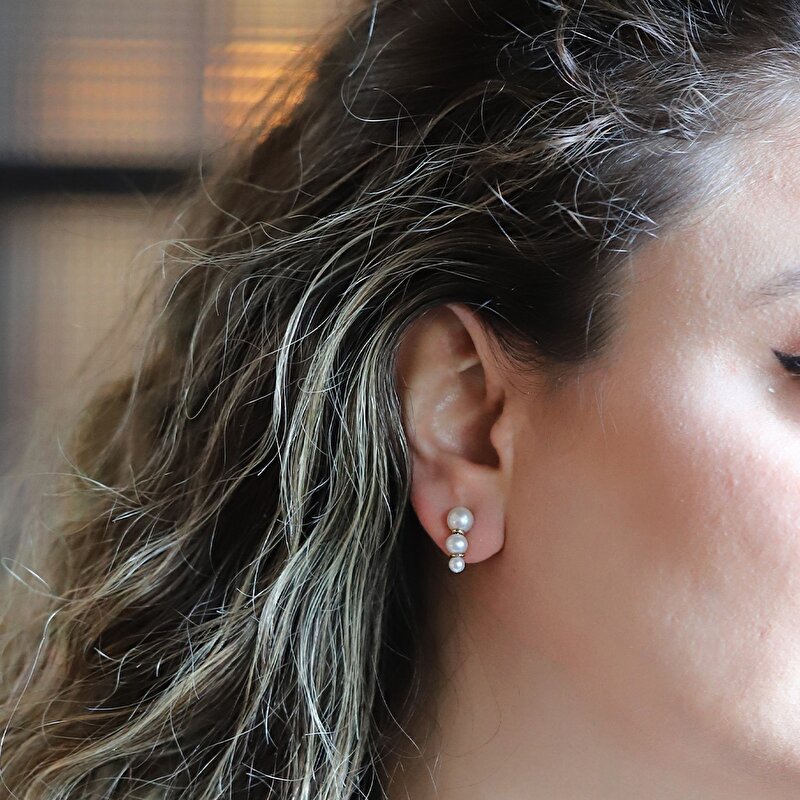 14 Ayar Sarı Altın İnci Küpe