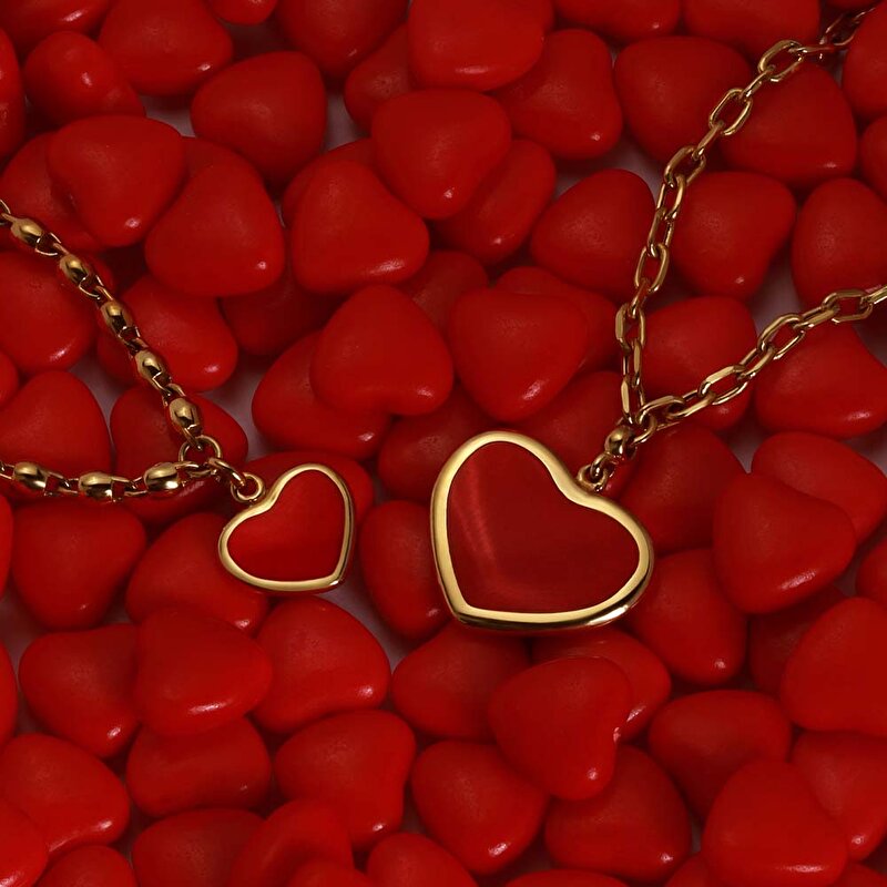 14 Ayar Sarı Altın Kırmızı Mineli Kalp Kolye