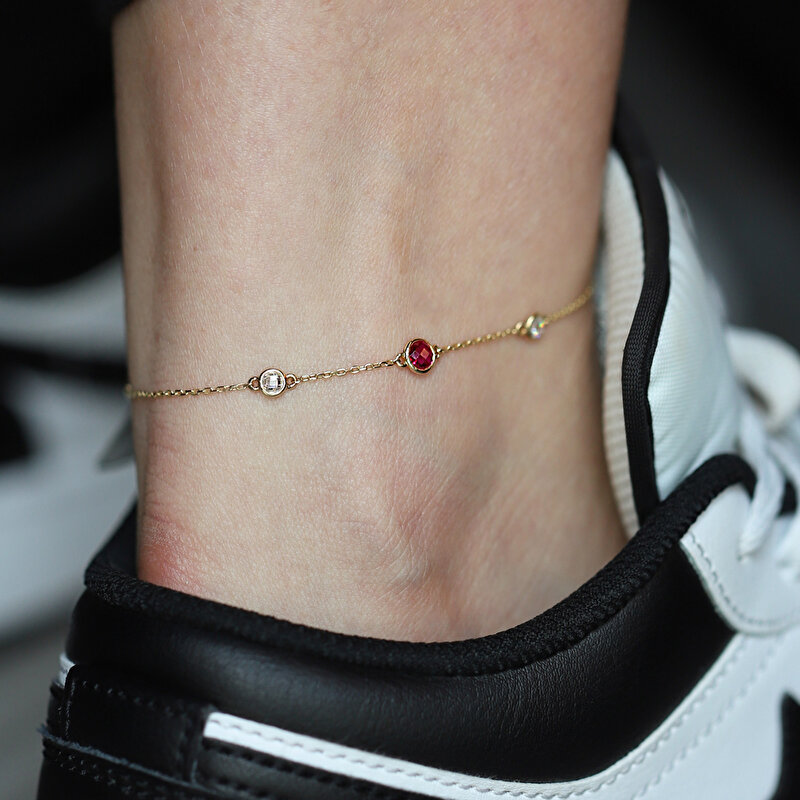 14 Ayar Sarı Altın Kırmızı Taşlı Halhal