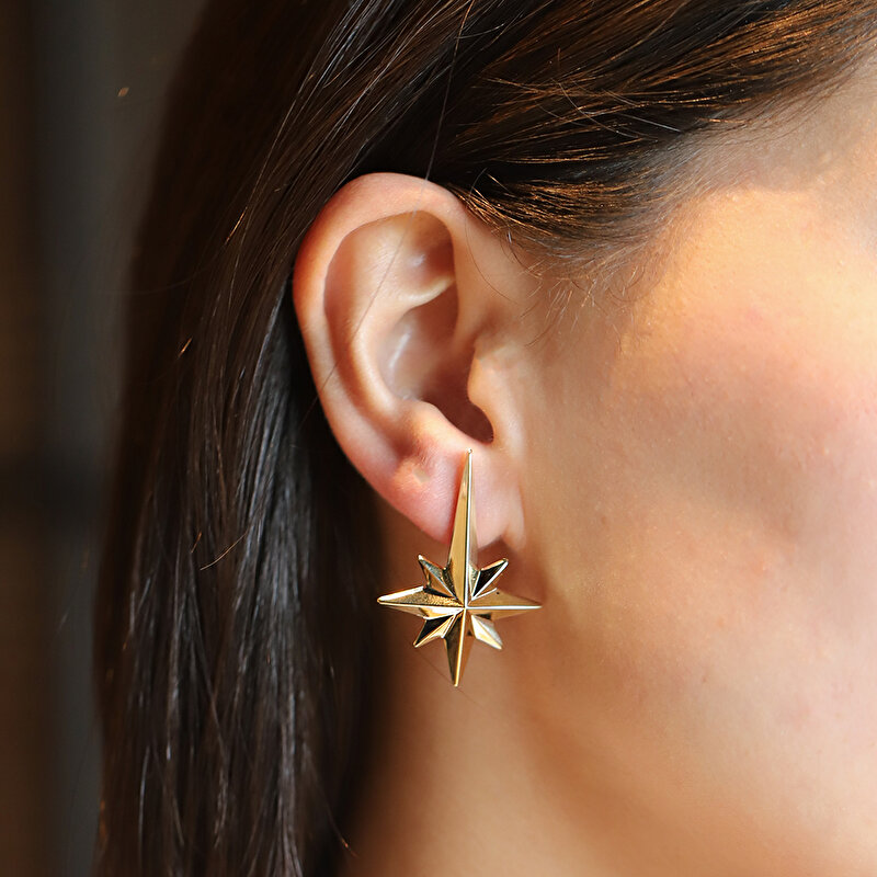 14 Ayar Sarı Altın Kutup Yıldızı Figürlü Küpe