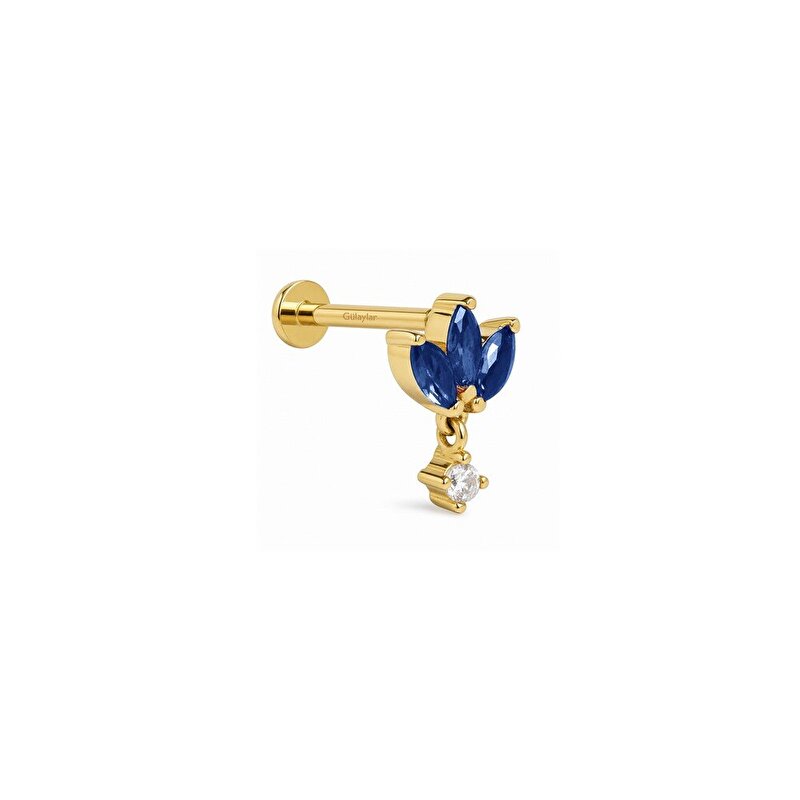 14 Ayar Sarı Altın Mavi Taşlı Tragus Piercing