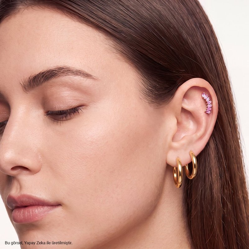 14 Ayar Sarı Altın Pembe Taşlı Tragus Piercing