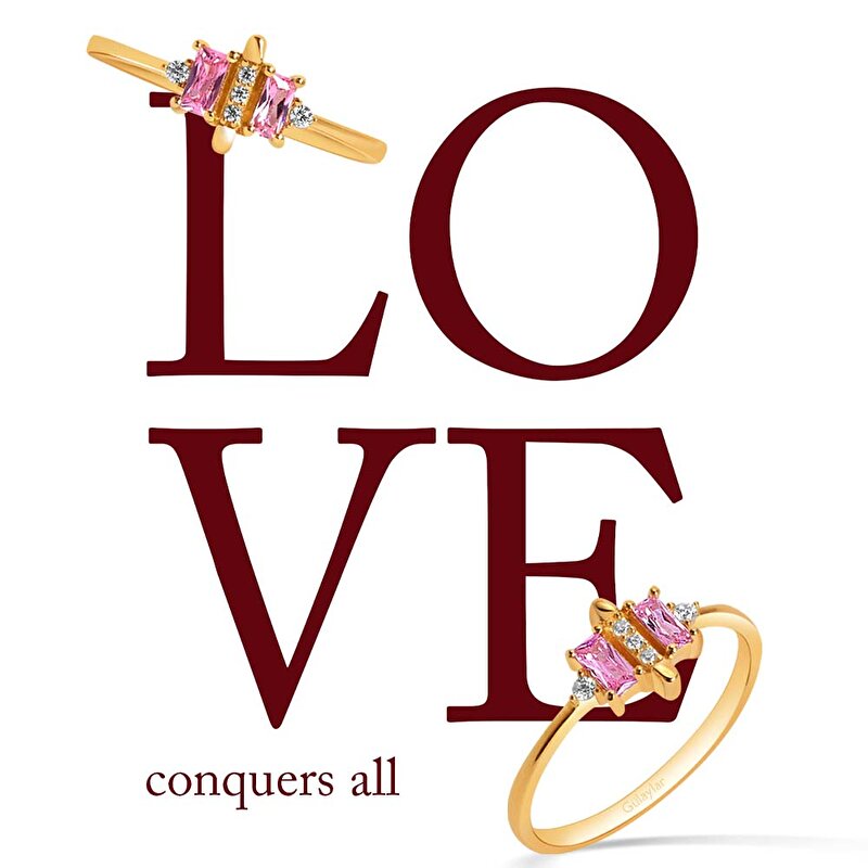 14 Ayar Sarı Altın Pembe Taşlı Yüzük