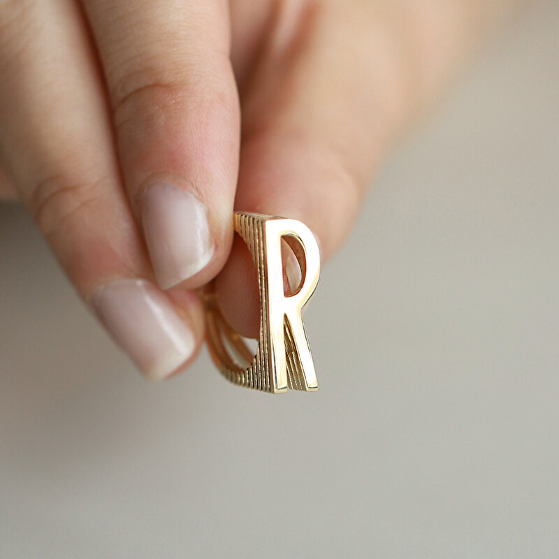 14 Ayar Sarı Altın R Bold Harf Yüzük