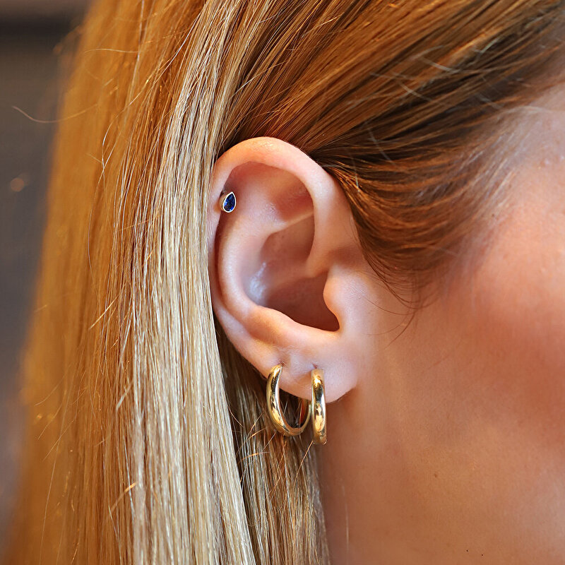 14 Ayar Sarı Altın Mavi Damla Taşlı Tragus Piercing