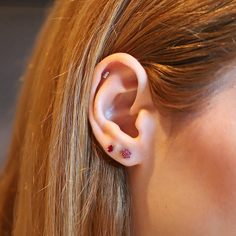 14 Ayar Sarı Altın Pembe Taşlı Tragus Piercing