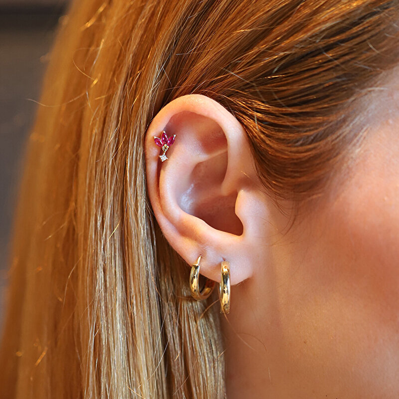 14 Ayar Sarı Altın Pembe Taşlı Tragus Piercing