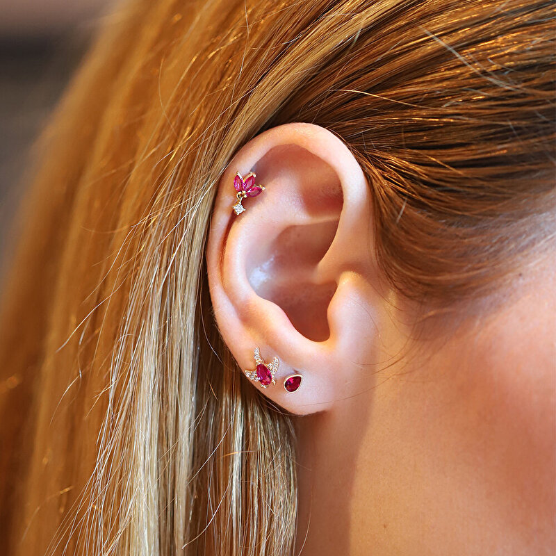 14 Ayar Sarı Altın Pembe Taşlı Tragus Piercing
