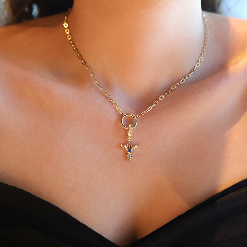 14 Ayar Sarı Altın Mavi Taşlı Kuş Kolye Ucu