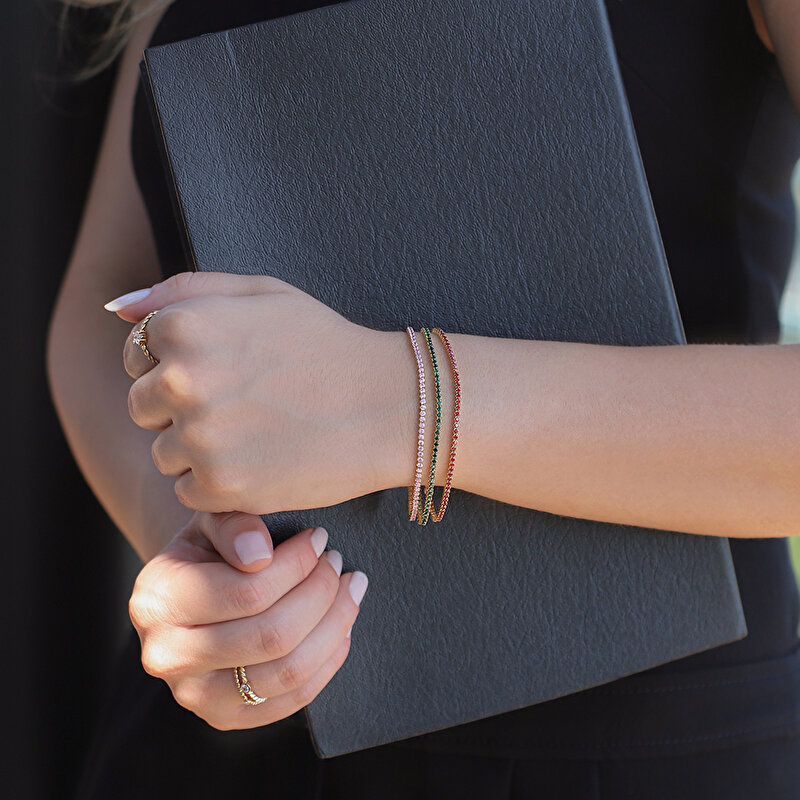 14 Ayar Sarı Altın Pembe Taşlı Su Yolu Bileklik